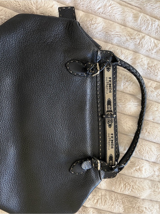 Fendi Handbags - Fendi Black Leather Tote with Logo Canvas Trim - Black